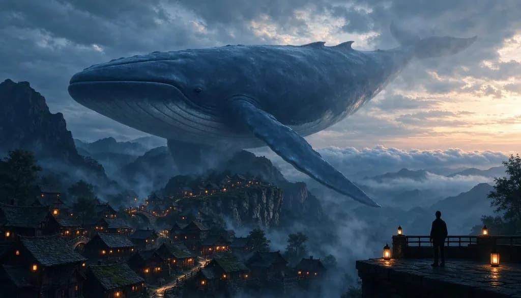 A colossal sky whale drifting above a misty mountain village at dawn, tiny lanterns glowing on rooftops, epic fantasy matte painting, soft volumetric light, muted colors