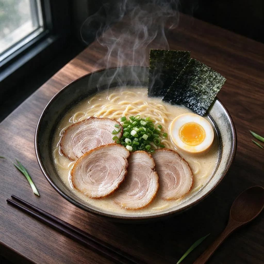 Overhead food photography of a steaming bowl of tonkotsu ramen with a soft-boiled egg, chashu, scallions and nori on a dark wooden table, moody natural light