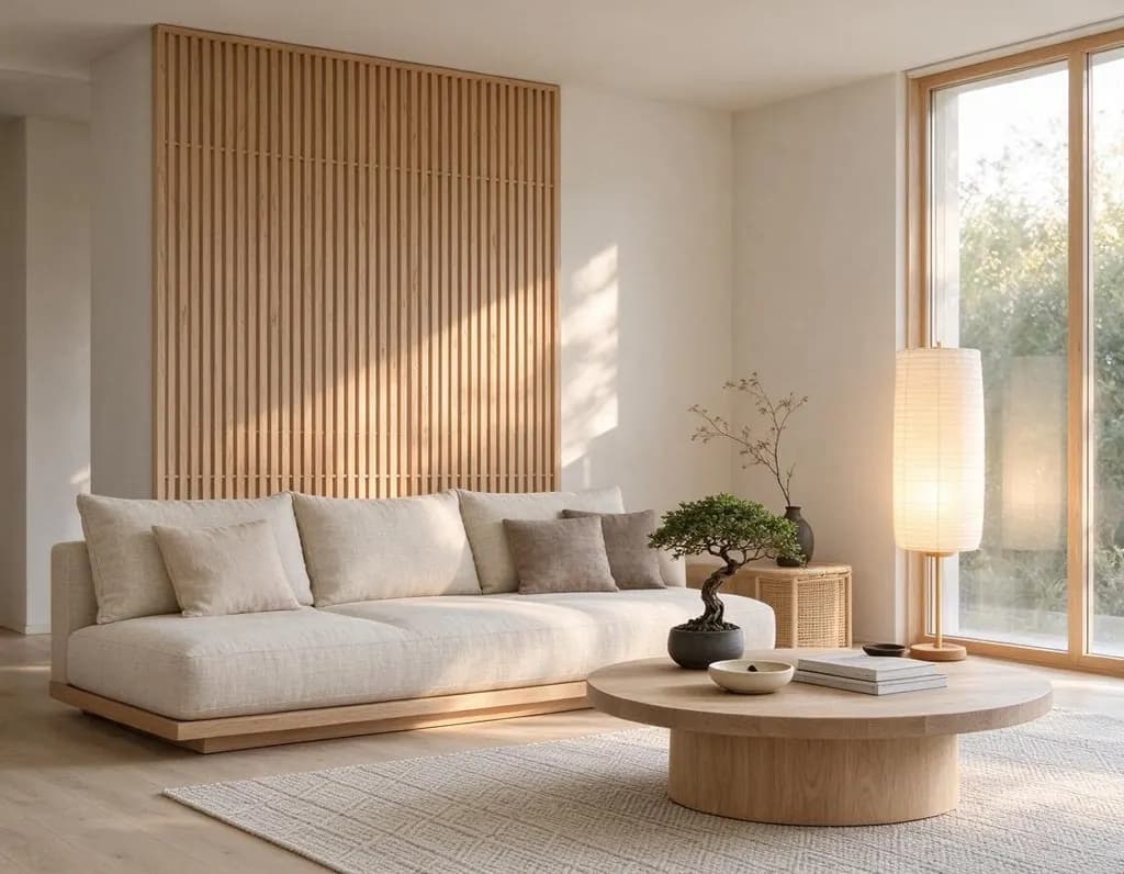 Japandi style living room with a low linen sofa, light oak wood, paper lamp, a bonsai and large window with morning light, architectural interior photography