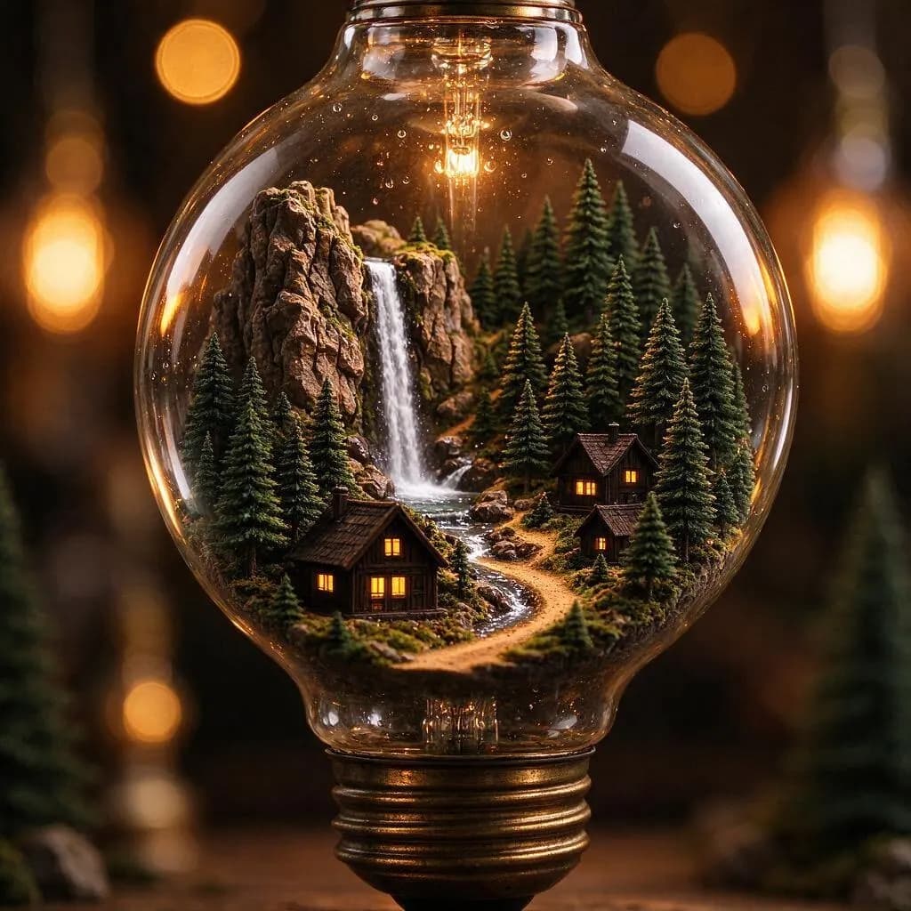 A tiny glowing village with a waterfall and pine trees inside a vintage glass light bulb, macro photography, warm bokeh background
