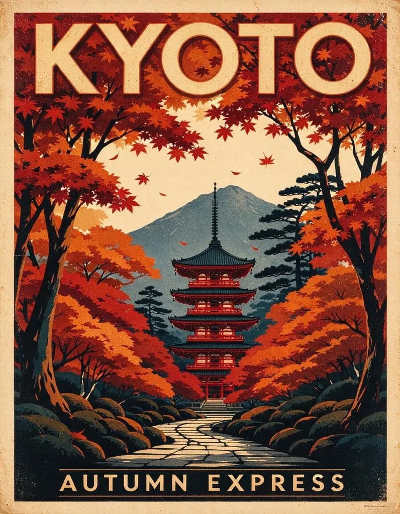 Vintage travel poster of Kyoto in autumn, a red pagoda among maple trees and a distant mountain, flat screen-print style with bold shapes, large title text "KYOTO" at the top and smaller text "AUTUMN EXPRESS" at the bottom