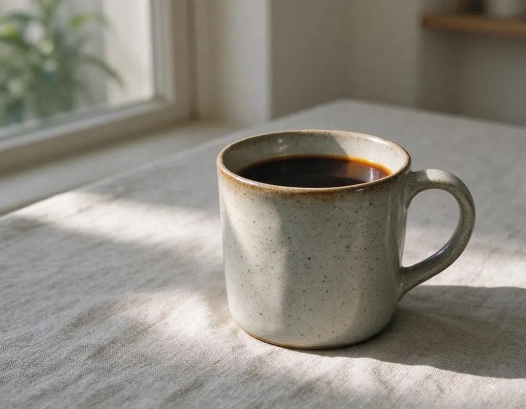 Product photo of a handmade speckled ceramic coffee mug on a linen tablecloth in soft morning window light, gentle shadows, 35mm film photography, muted warm tones