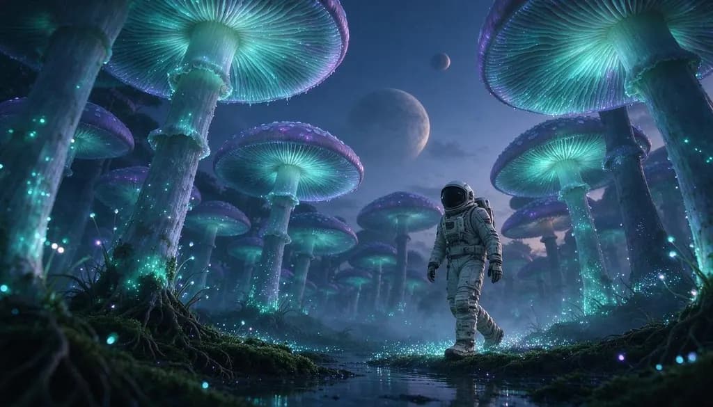 A lone astronaut walking through a forest of giant glowing mushrooms on an alien planet, two moons in a hazy sky, muted teal and violet tones, cinematic wide shot, film grain