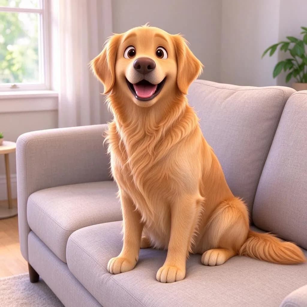 Turn this photo into a 3D animated movie scene with soft rounded shapes, big expressive eyes and warm lighting. Keep the dog's breed, colors and pose and the sofa