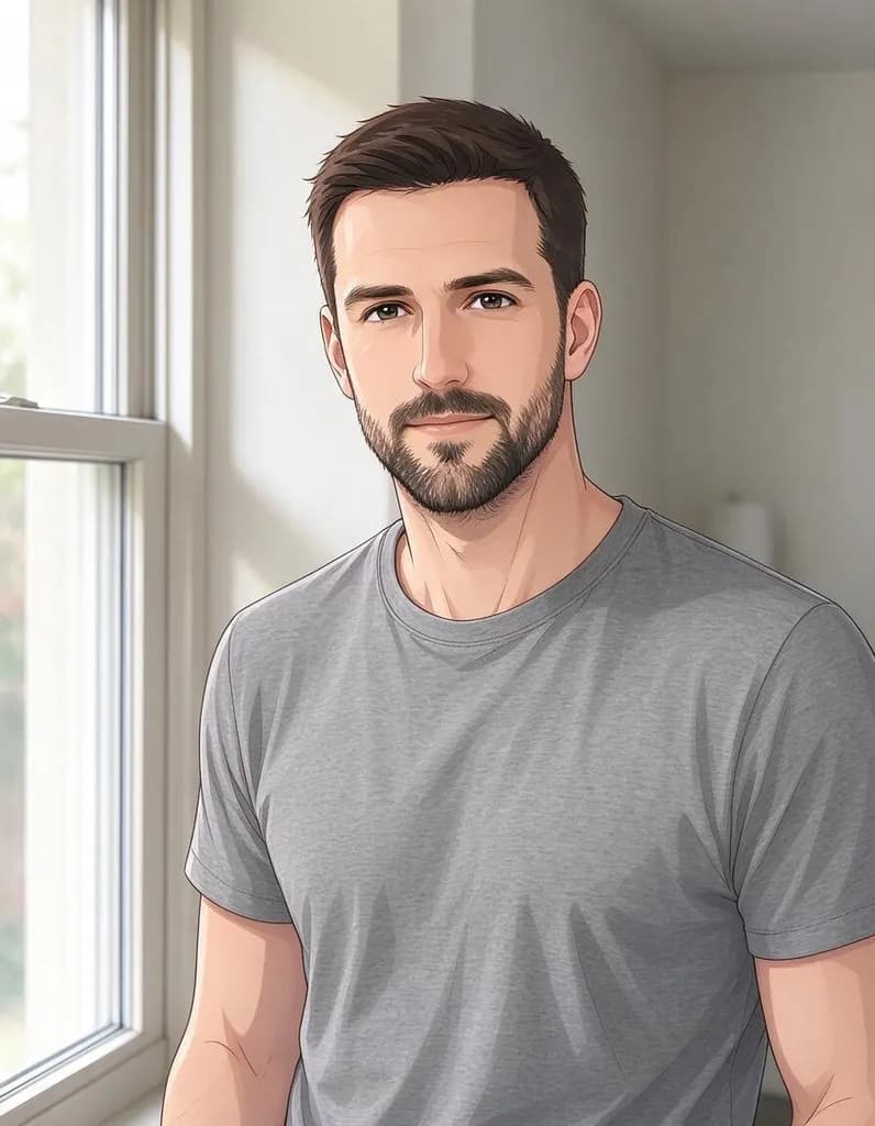 Redraw this photo as an anime illustration with clean line art and soft cel shading. Keep his face, hair, beard, t-shirt and the window