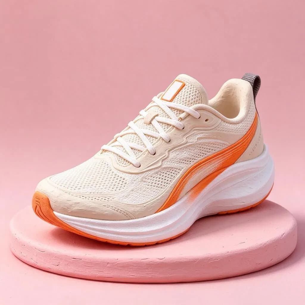 Turn this photo into a soft clay 3D render on a pastel pink podium with a matching pastel background, studio lighting. Keep the sneaker's shape and colors