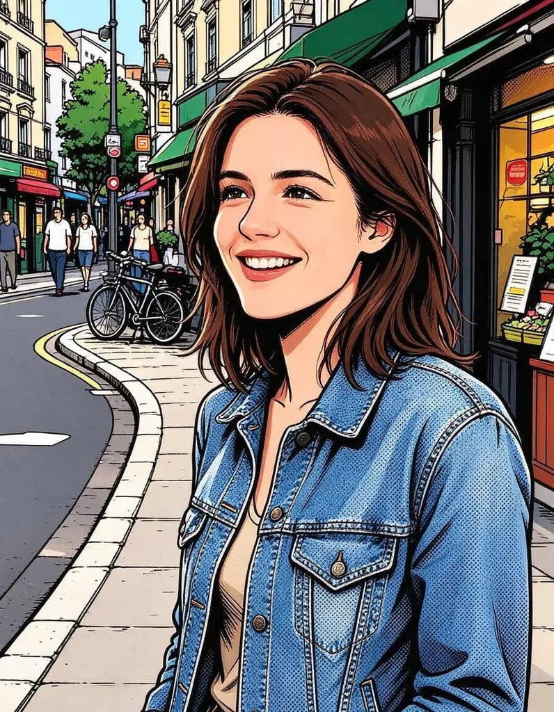 Redraw this photo as a comic book panel with bold ink outlines, halftone dots and bright flat colors. Keep her face, hair, pose, denim jacket and the street