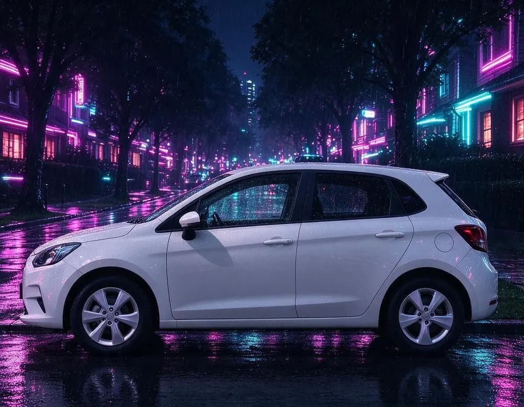 Turn this scene into a cyberpunk city at night: neon signs in pink and cyan, wet reflective road, light rain and glowing windows. Keep the car's shape and position
