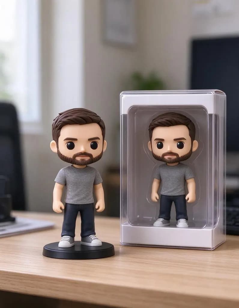 Turn him into a small collectible vinyl figure standing on a desk next to its display box, product photo. Keep his face, hair, beard and grey t-shirt recognizable