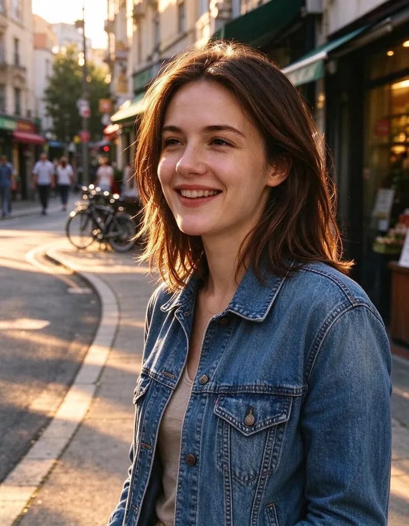 Change the lighting to golden hour: low warm sunlight from the side, long soft shadows and a golden glow on her hair. Keep her face, pose, clothes and the street
