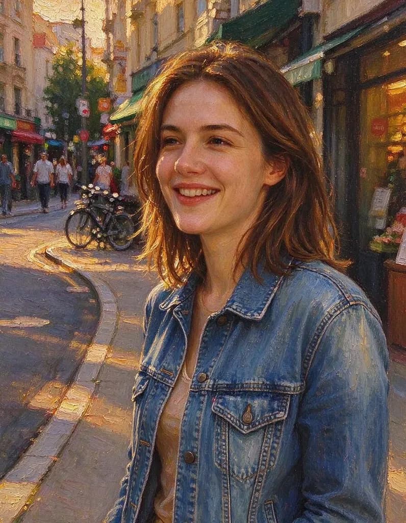 Repaint this photo as a hand-painted classical oil painting on canvas: thick visible brush strokes, painterly texture everywhere, rich warm colors, it should clearly look painted, not like a photo. Keep her face, pose and the composition