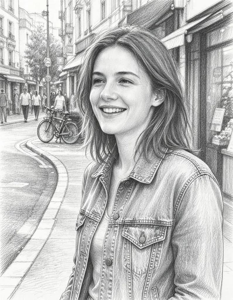Redraw this photo as a detailed graphite pencil drawing on white paper with fine hatching and soft shading, no color. Keep her face, hair, pose and the street