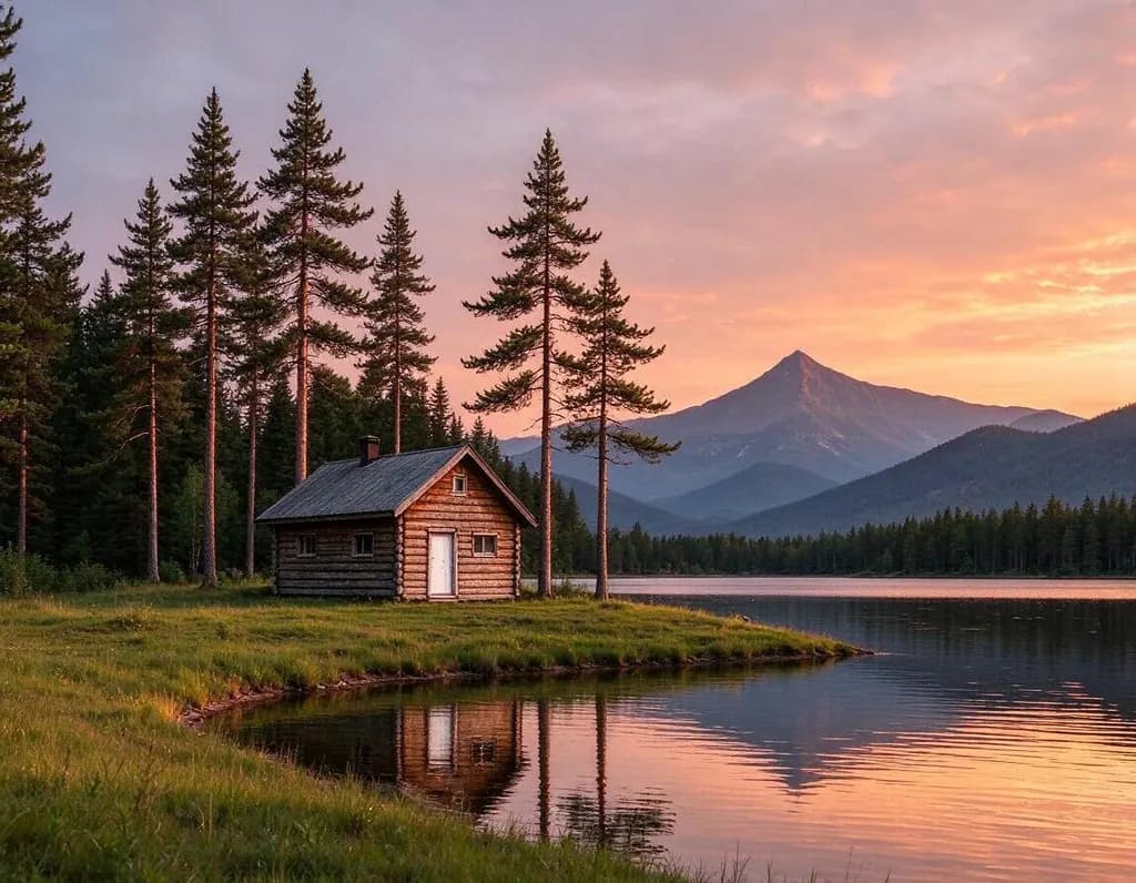 Turn this pencil sketch into a realistic photo on a calm summer evening: a wooden cabin by a clear lake, pine trees and mountains behind, warm sunset light. Keep the layout of the sketch