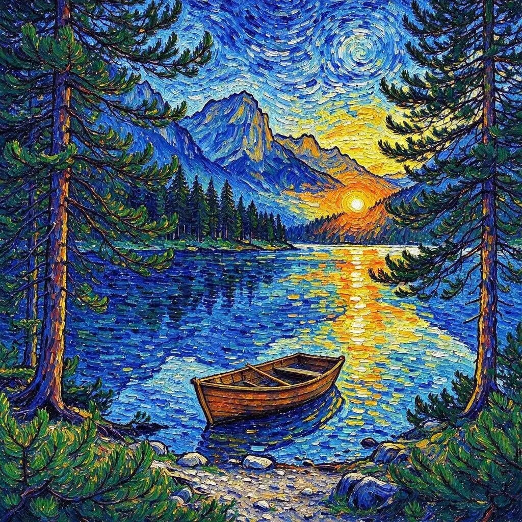 Repaint the first photo in the painting style of the second image: thick swirling brush strokes and deep blue and yellow colors. Keep the lake, the boat and the trees of the first photo