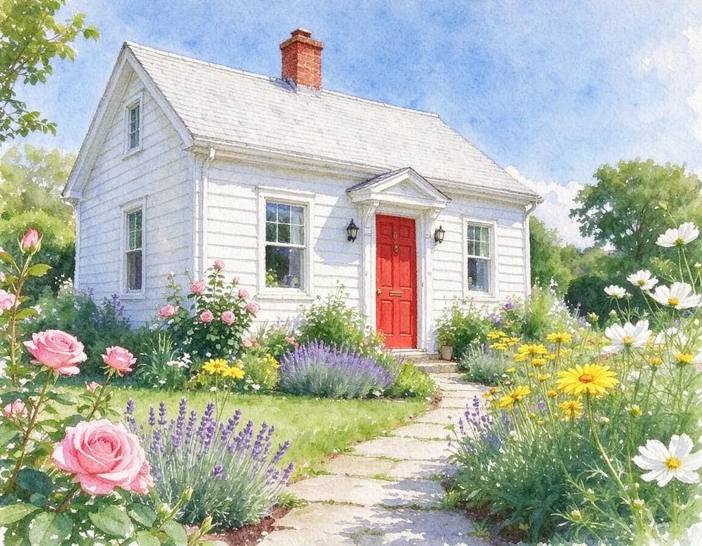 Turn this photo into a loose watercolor painting on textured paper with soft bleeding colors and white edges. Keep the cottage, the red door and the garden