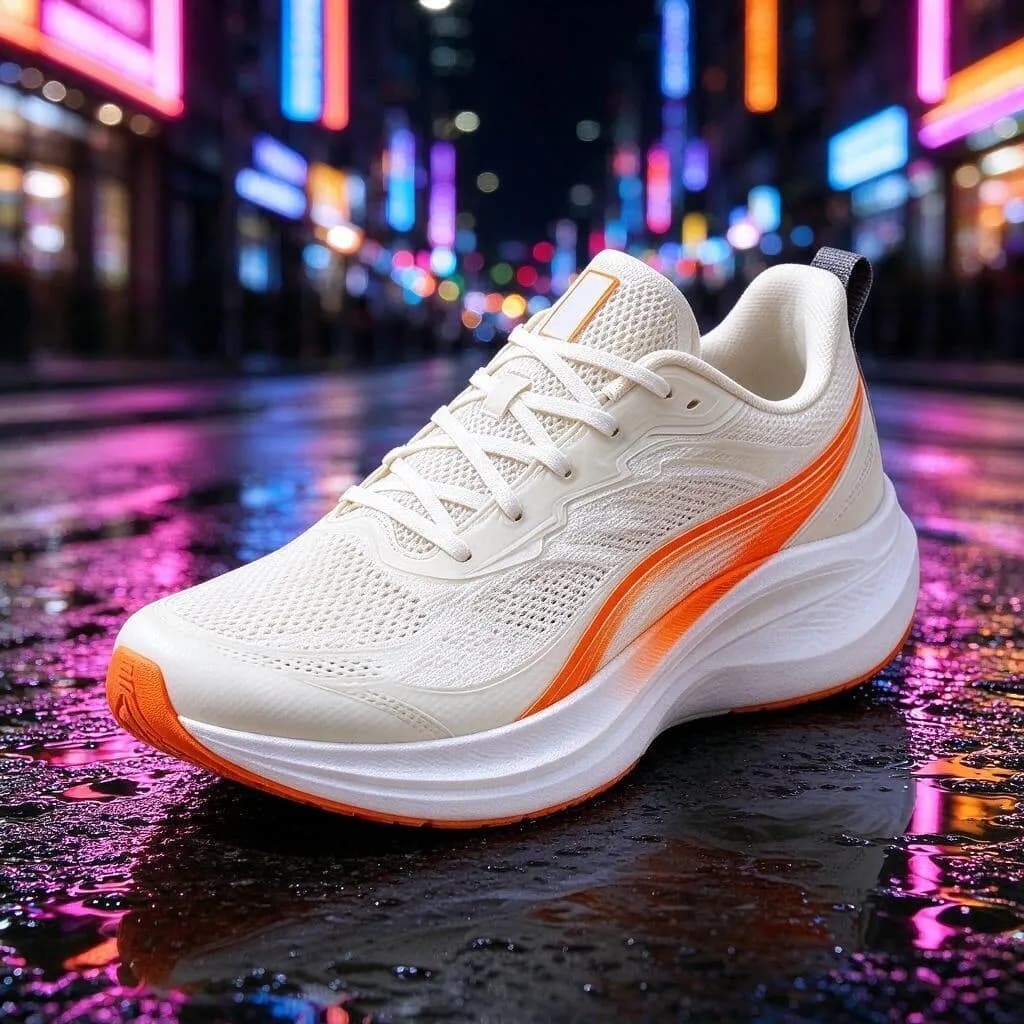 Place the sneaker on a wet city street at night with colorful neon reflections in puddles, professional advertising photo. Keep the sneaker exactly the same
