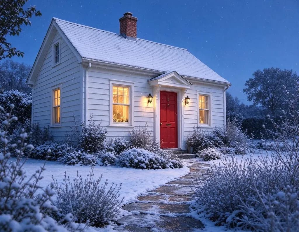 Make it a snowy winter evening: snow on the roof and the garden, falling snow, warm light glowing in the windows