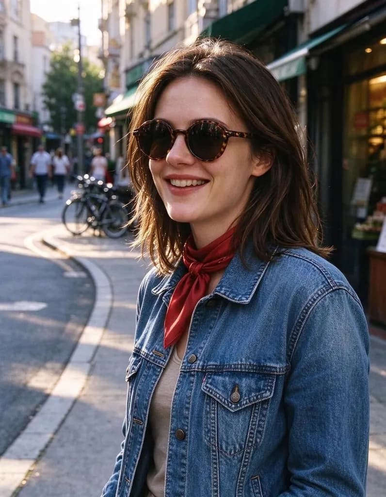 Add round tortoiseshell sunglasses and a red silk scarf around her neck. Keep everything else unchanged