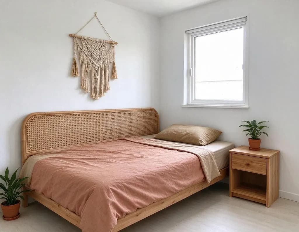 Redesign the bedroom in a cozy boho style: rattan headboard, layered linen bedding in warm earth tones, macrame wall hanging and plants. Keep the window and camera angle