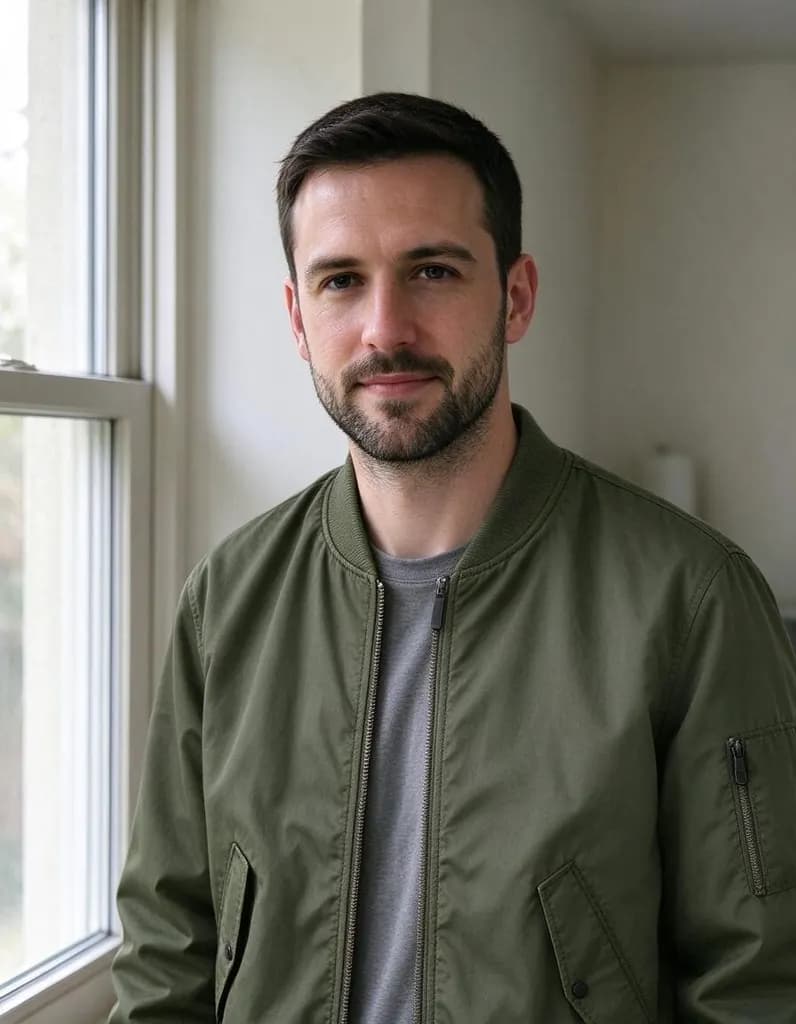 Make the man wear the olive bomber jacket from the second photo over his t-shirt. Keep his face, hair and the room unchanged