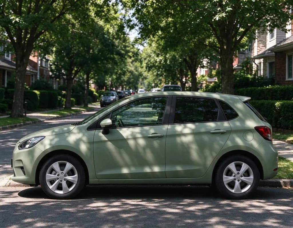 Change the car color to matte sage green. Keep the street, the light and the car's shape unchanged