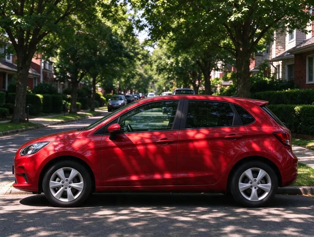 Change the car color to glossy cherry red. Keep the street, the light and the car's shape unchanged
