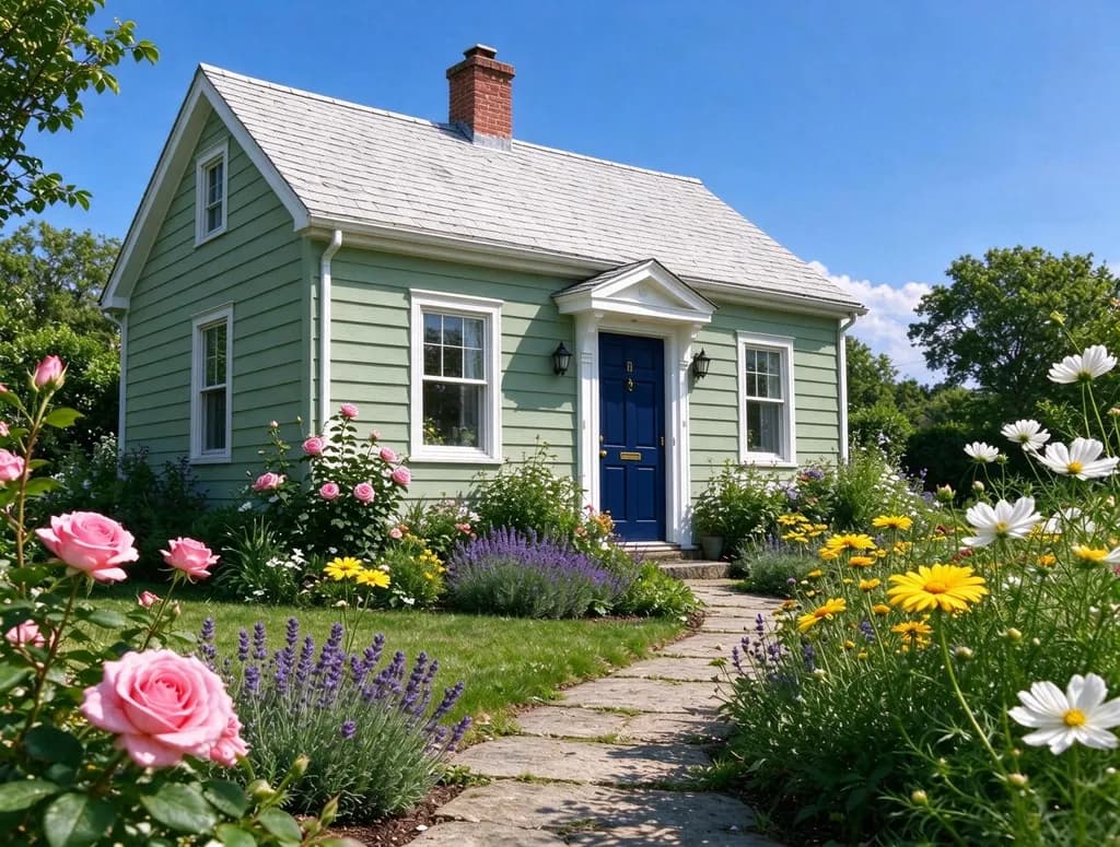 Change the front door color to deep navy blue and the walls to soft sage green. Keep the garden and the sky unchanged