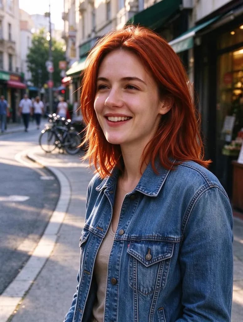 Change her hair color to vivid copper red. Keep her haircut, face, clothes and the street unchanged