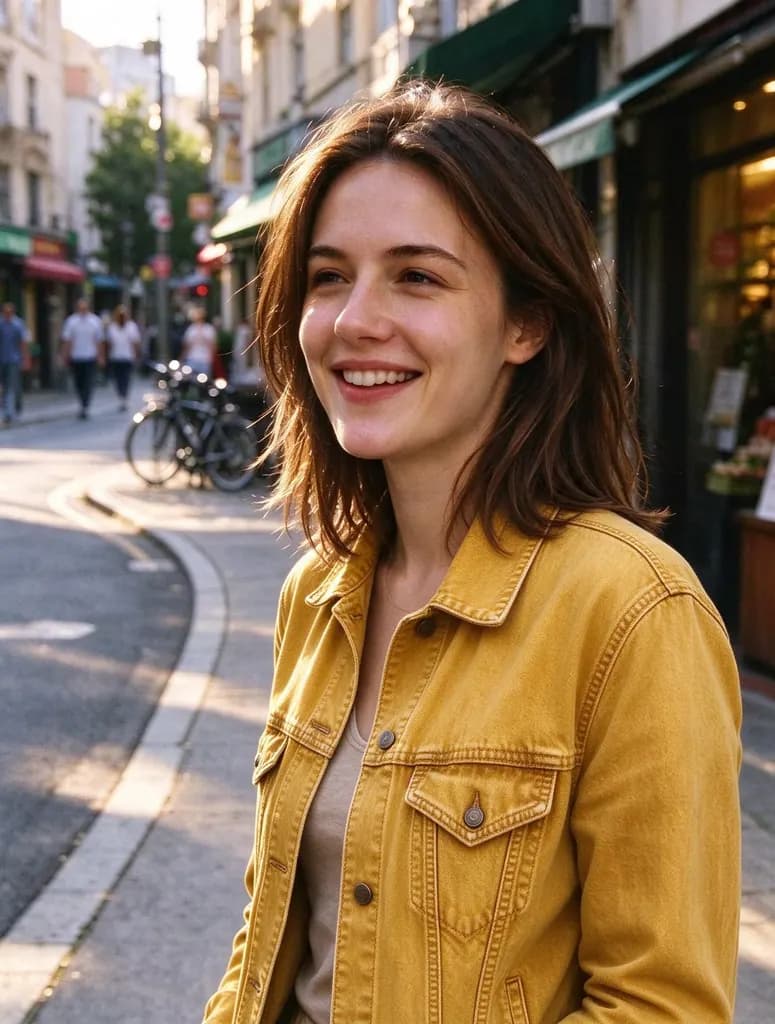 Change the color of her denim jacket to mustard yellow. Keep her face, hair, pose and the street unchanged