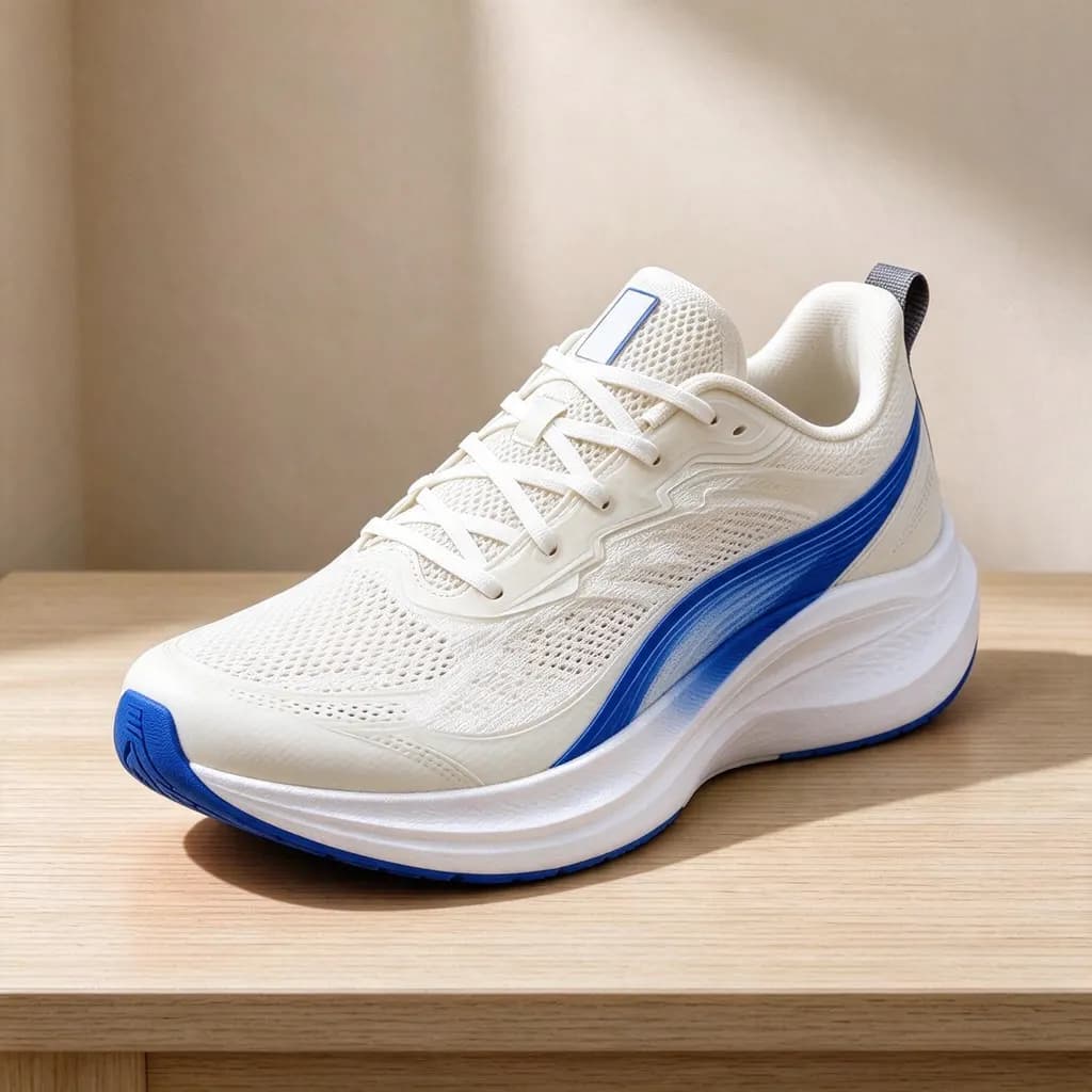 Change the orange parts of the sneaker to royal blue. Keep the white parts, the table and the light unchanged