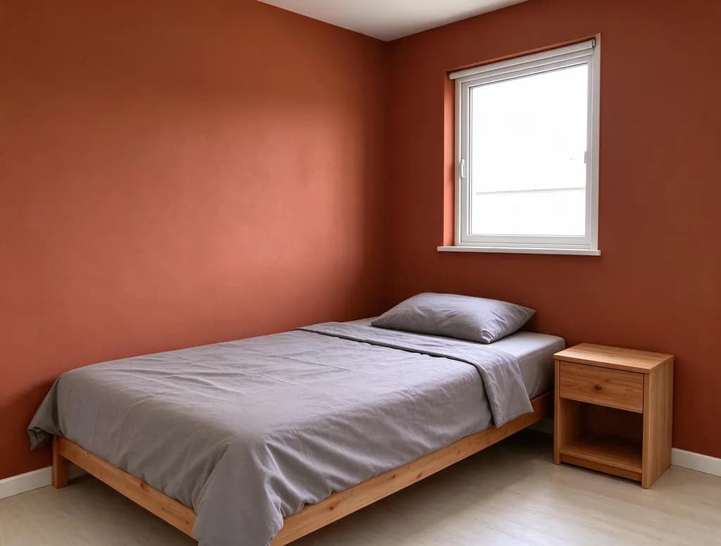 Paint the walls a warm terracotta color. Keep the bed, the furniture and the daylight unchanged