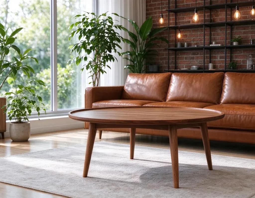 Redesign the living room as an industrial loft: exposed brick wall, black metal shelves, a cognac leather sofa and Edison bulbs. Keep the window and camera angle