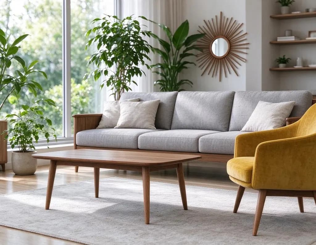 Redesign the living room in a mid-century modern style: walnut furniture, a mustard velvet armchair, a sunburst mirror and a teak coffee table. Keep the window and camera angle