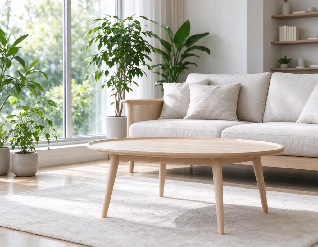 Redesign the living room in a bright Scandinavian style: white walls, light birch furniture, a cozy wool rug and green plants. Keep the window, walls and camera angle