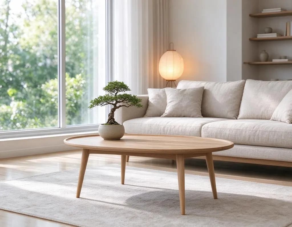 Redesign the living room in a warm Japandi style: low linen sofa, light oak furniture, paper lamp and a bonsai. Keep the window, walls and camera angle